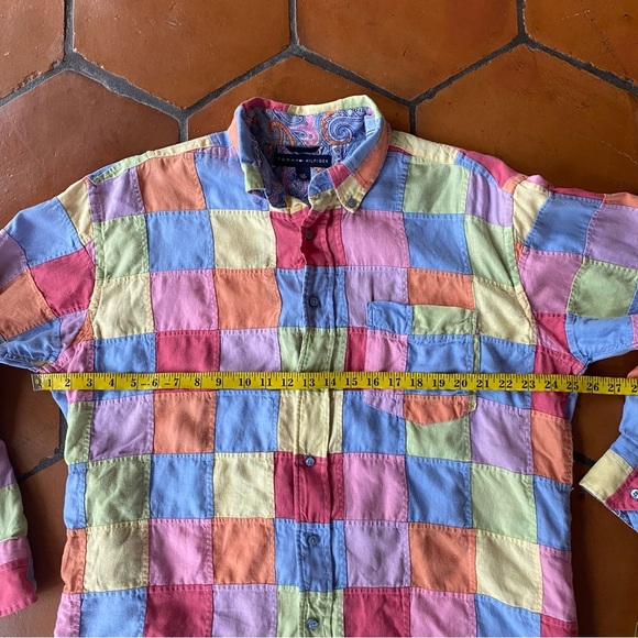 Y2K Tommy Hilfiger Button Down Linen Shirt Madras Patchwork Contrast Cuff Size L - Picture 8 of 8